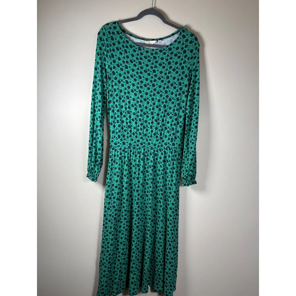 Boden Womens Green Navy Blue Floral Jersey Midi Dress Long Sleeve Size 8R Modest